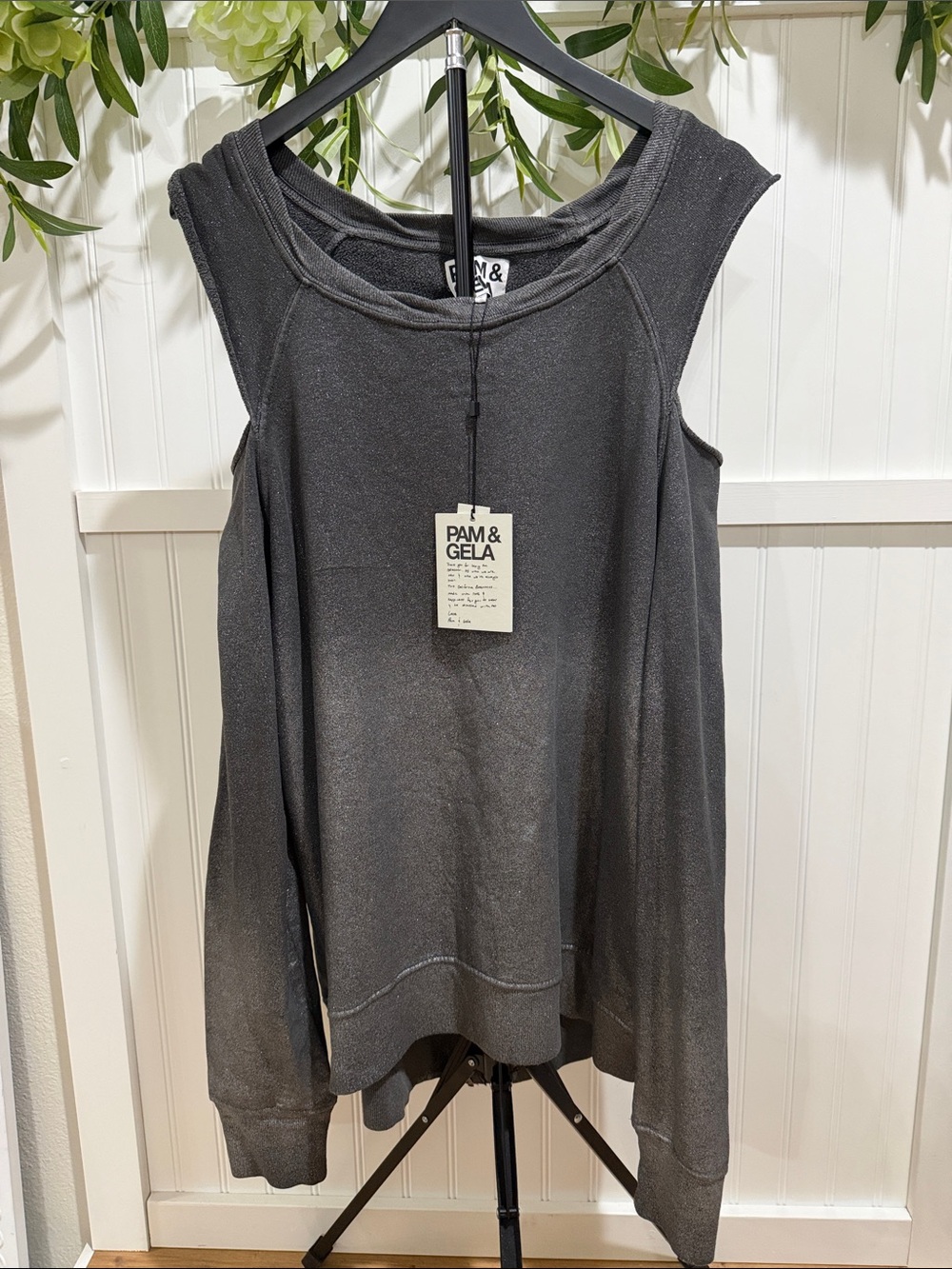 NWT #1051 PAM & GELA Washed Gray Cold Shoulder Metallic Back-Zip Sweatshit